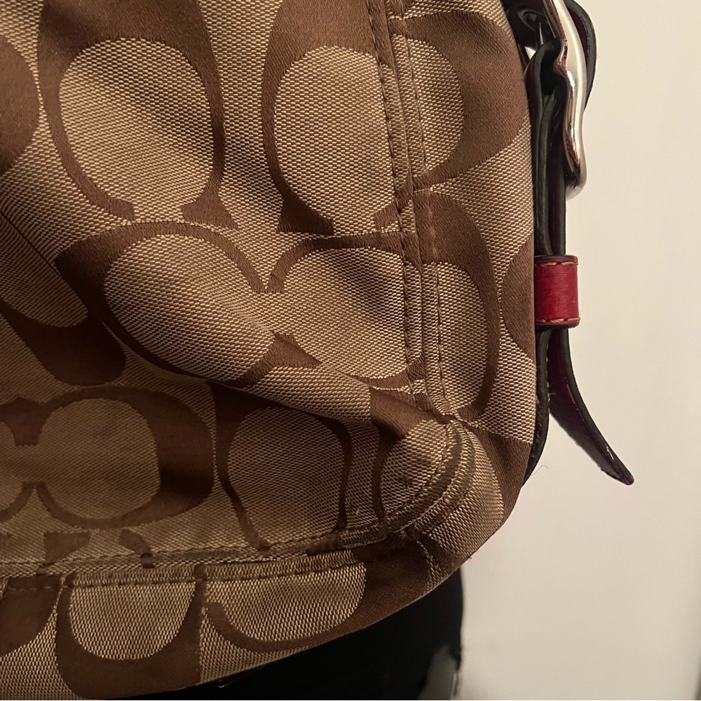 Coach F12674 Zoe Signature C Khaki Jacquard Red Leather Hobo Shoulder Bag - Picture 10 of 16